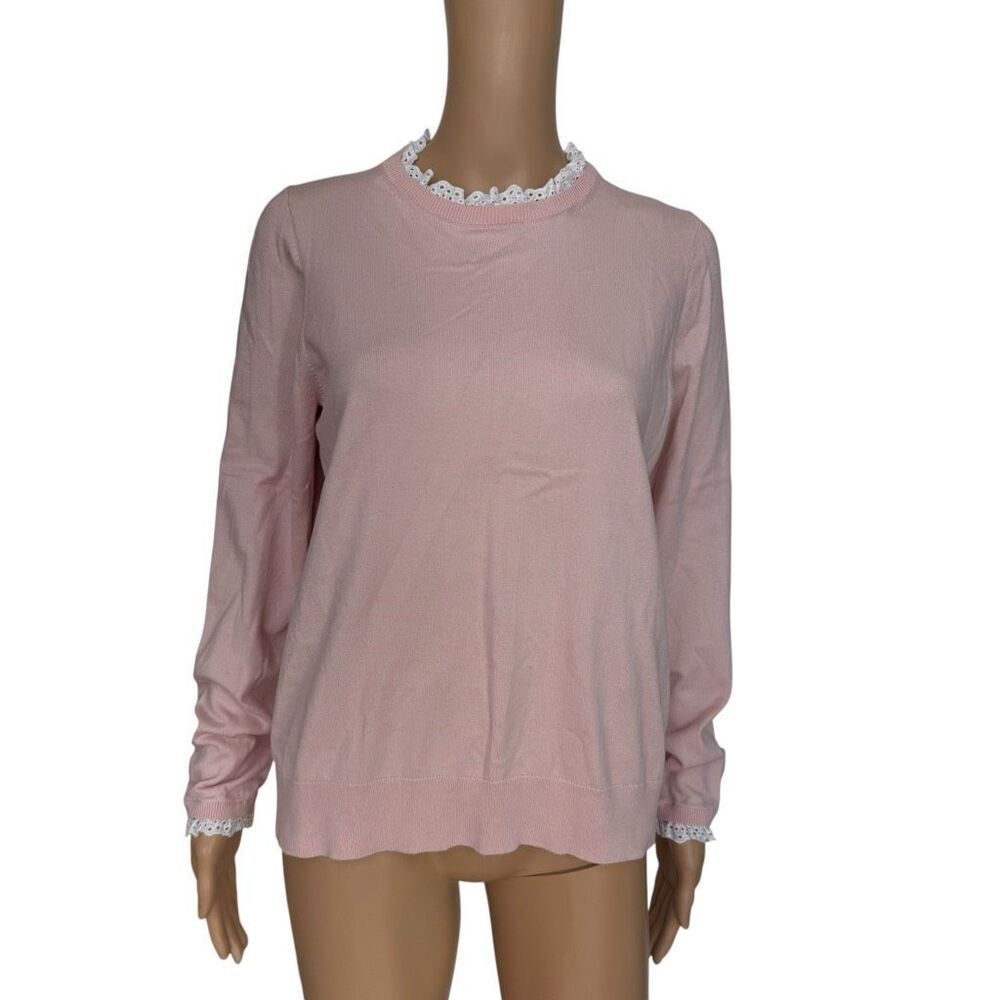 Boden pink cotton blend ruffle neck/cuffs sweater size L